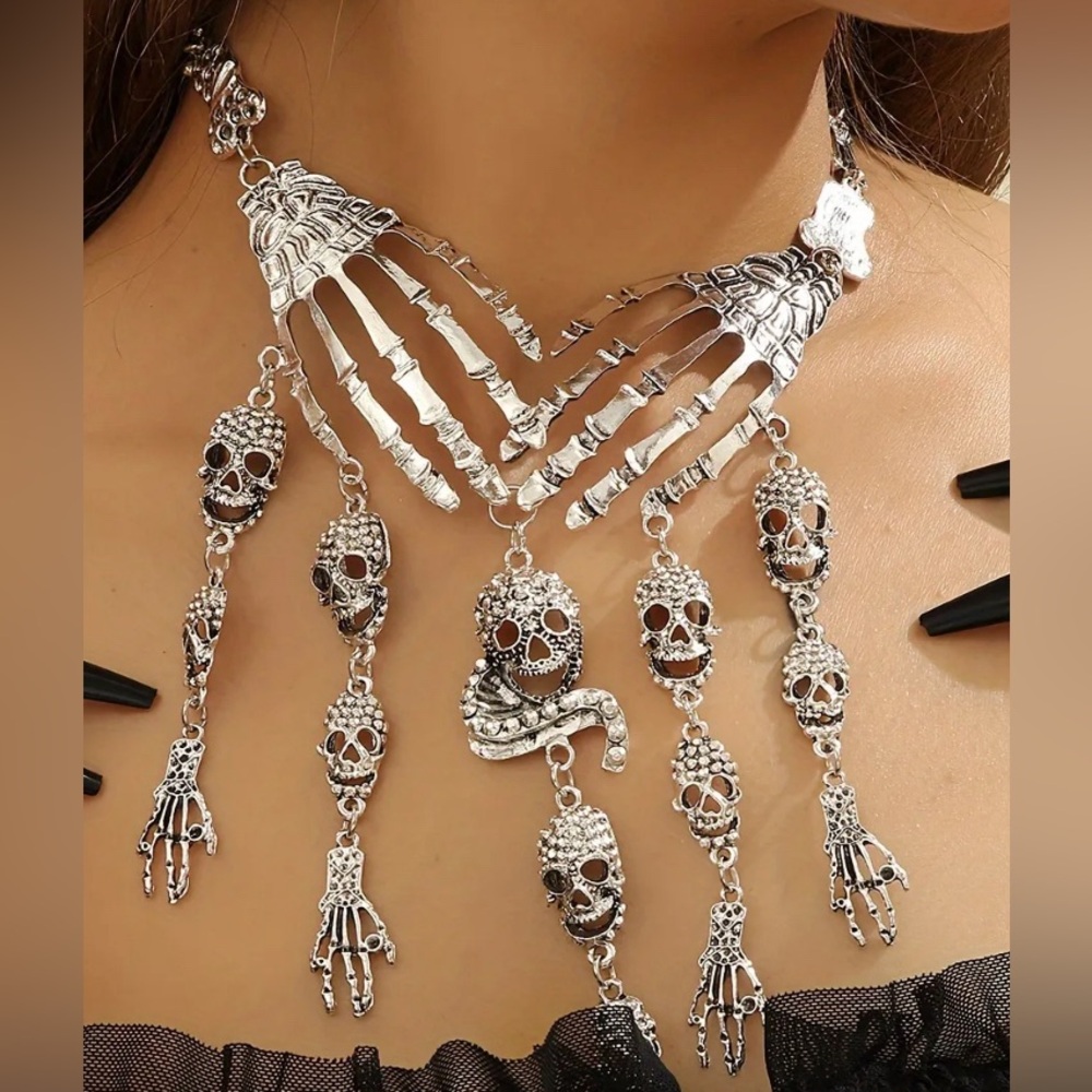 Metal Skeleton Pendant Necklace, 14K Gold Plated, Unisex